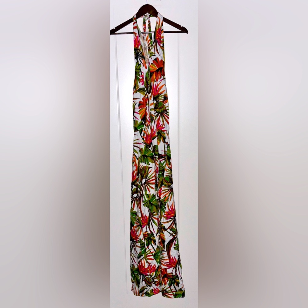 I.N.C Tropical Linen Blend Halter Maxi Dress Women L Hawaiian Island Vacation